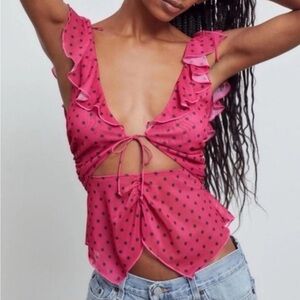 Urban Outfitters Leila Ruffle Polka Dot Top in Pink & Black Size Small